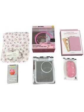 Set of 6pcs SmileyWorld LED Light Up Desk Tray, Pink Wireless Mouse, Earbuds, Mo